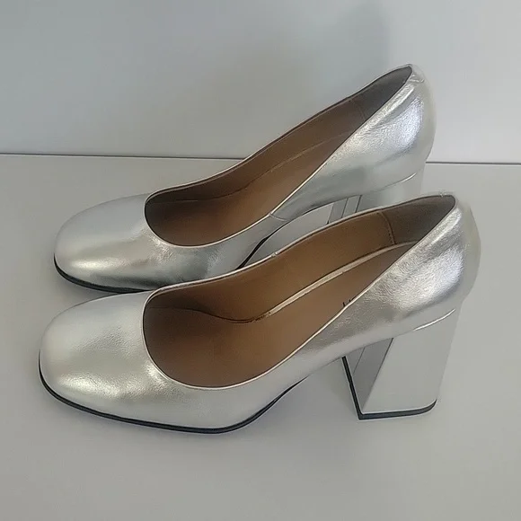Silver womans high heel chunky heel square toe pumps party dress - Picture 5 of 8